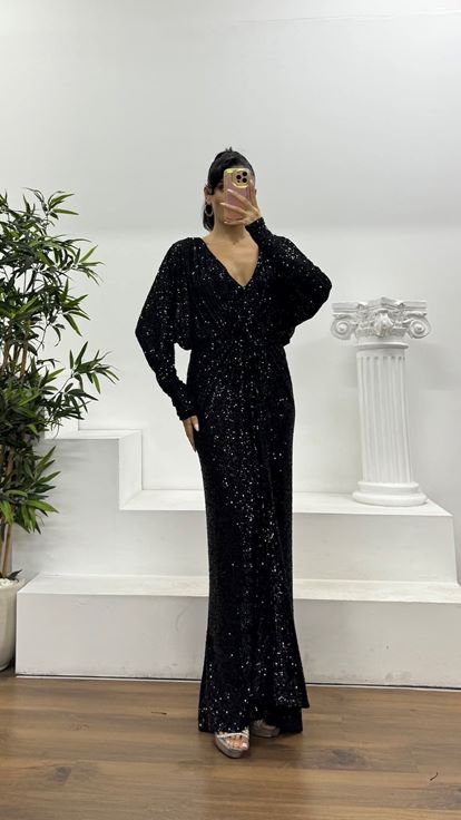 Siyah Pul Payet V Yaka Özel Tasarım Abiye Elbise